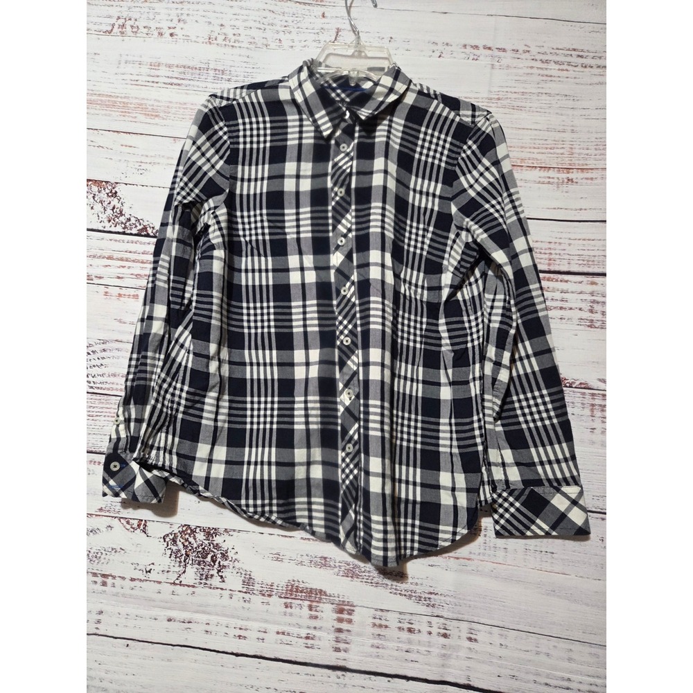 Talbots Petite Navy Blue White Plaid Button Down Shirt MP Cotton Rayon Blend